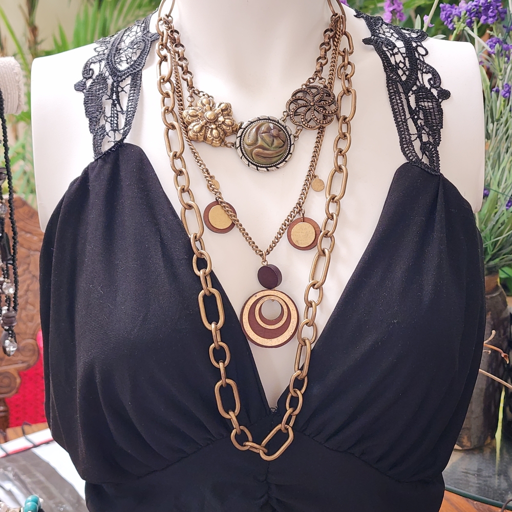 Lucky Brand Chunky Bronze And Brown Layered Boho Statement Necklace
